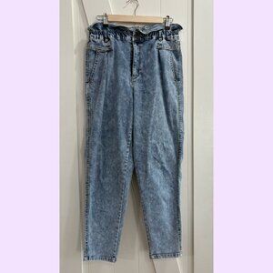 marbled light wash jeans with ruffled waist band
